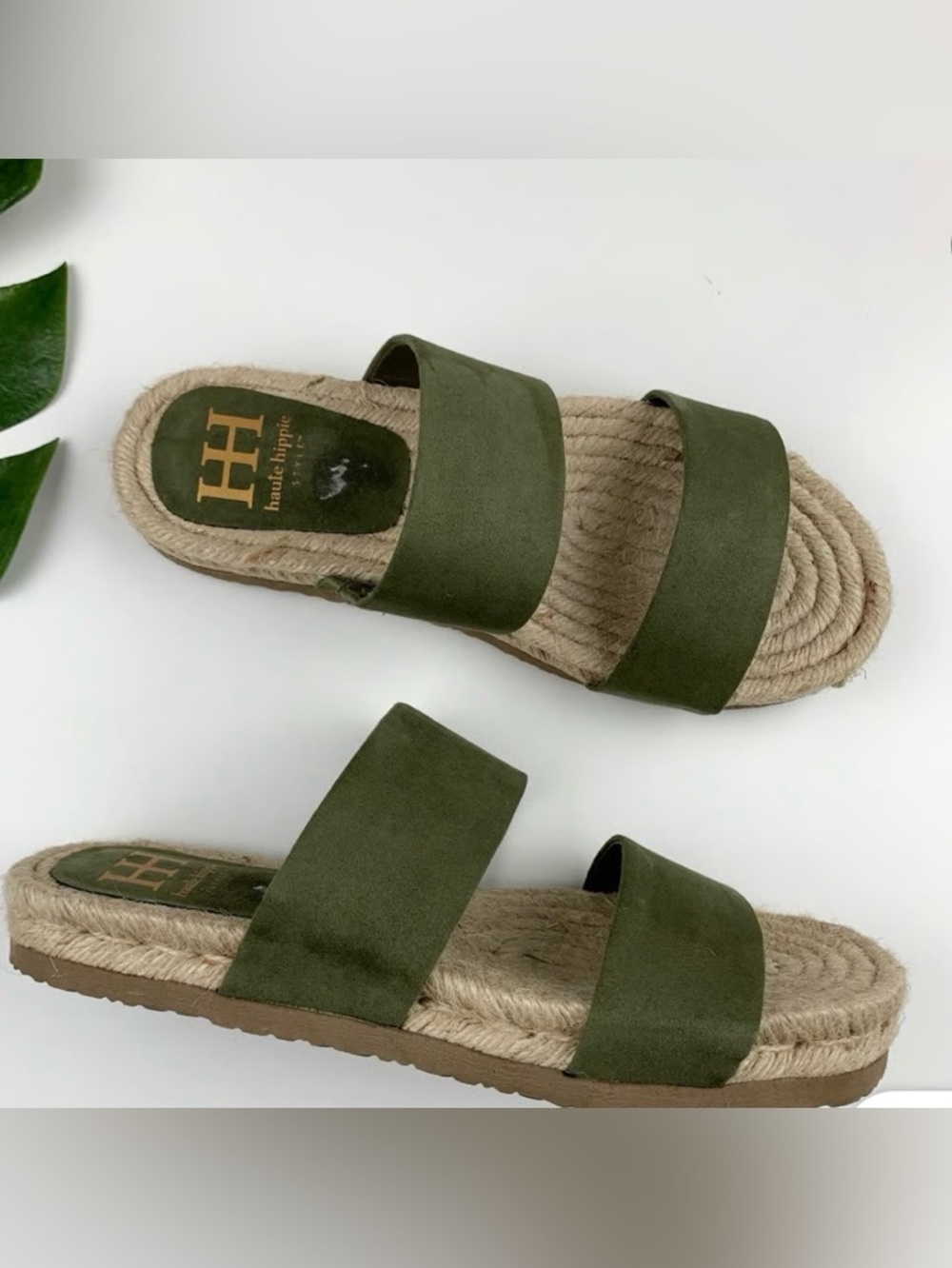 Haute Hippie boho Olive Suede Double-Strap Espadrille Slides size 9